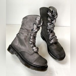 Dr. Martens Aimilie Lace Up Foldover Leather Combat Boot in Metallic Pewter